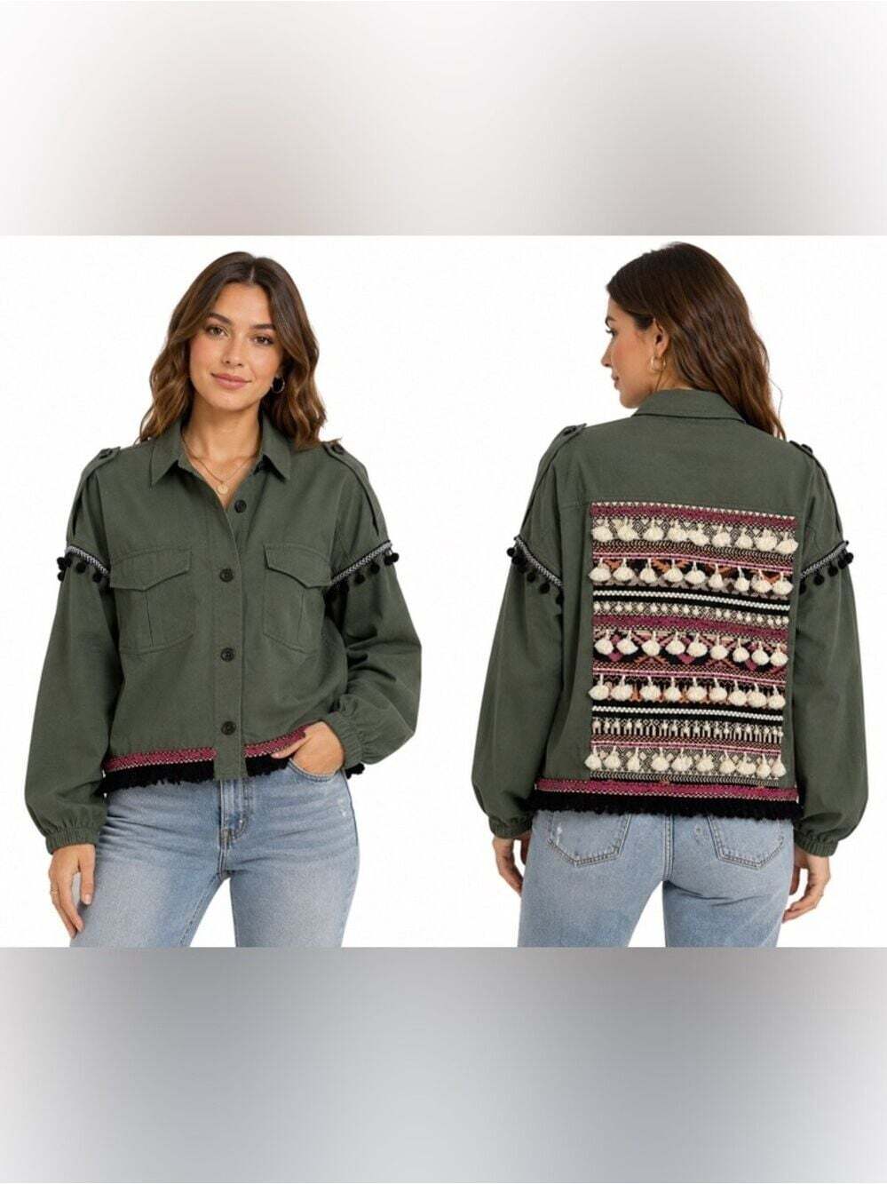 Zara Green Embroidered Jacket Tasseled Boho Style Size Med Fringe Softcore Chic